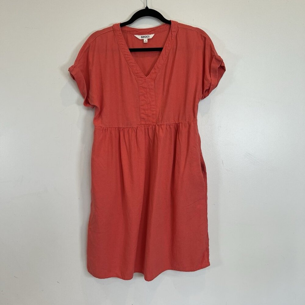 Briggs Oversized V-Neck Babydoll Dress Cap Sleeve Linen Blend Pockets Orange S